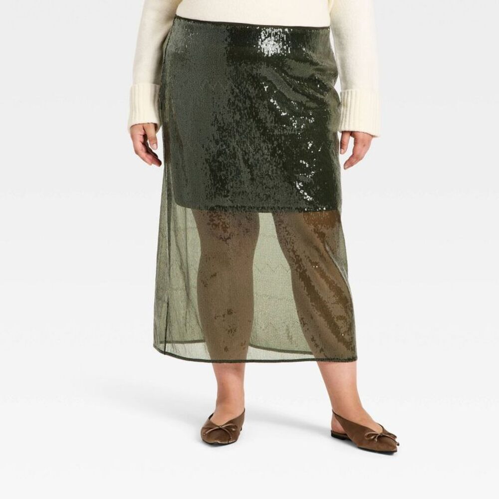Women's Sequin Midi Skirt - A New Day Green XXL